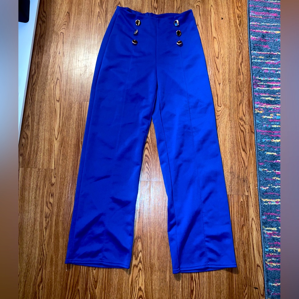 Women’s Blue Trousers| Buttons| Flare Pants| Zipper on Back| Business Casual